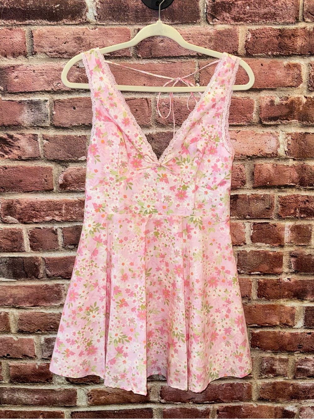 Altar'd State Pink Floral Lace-Trim V-Neck Mini Dress